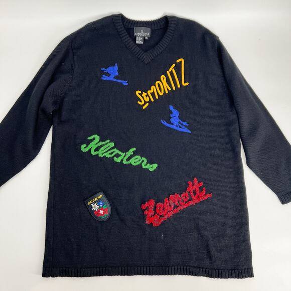 Vintage 90s Carole Little Sport Ski Sweater Women XL Black Wool Blend St Moritz - Picture 2 of 9